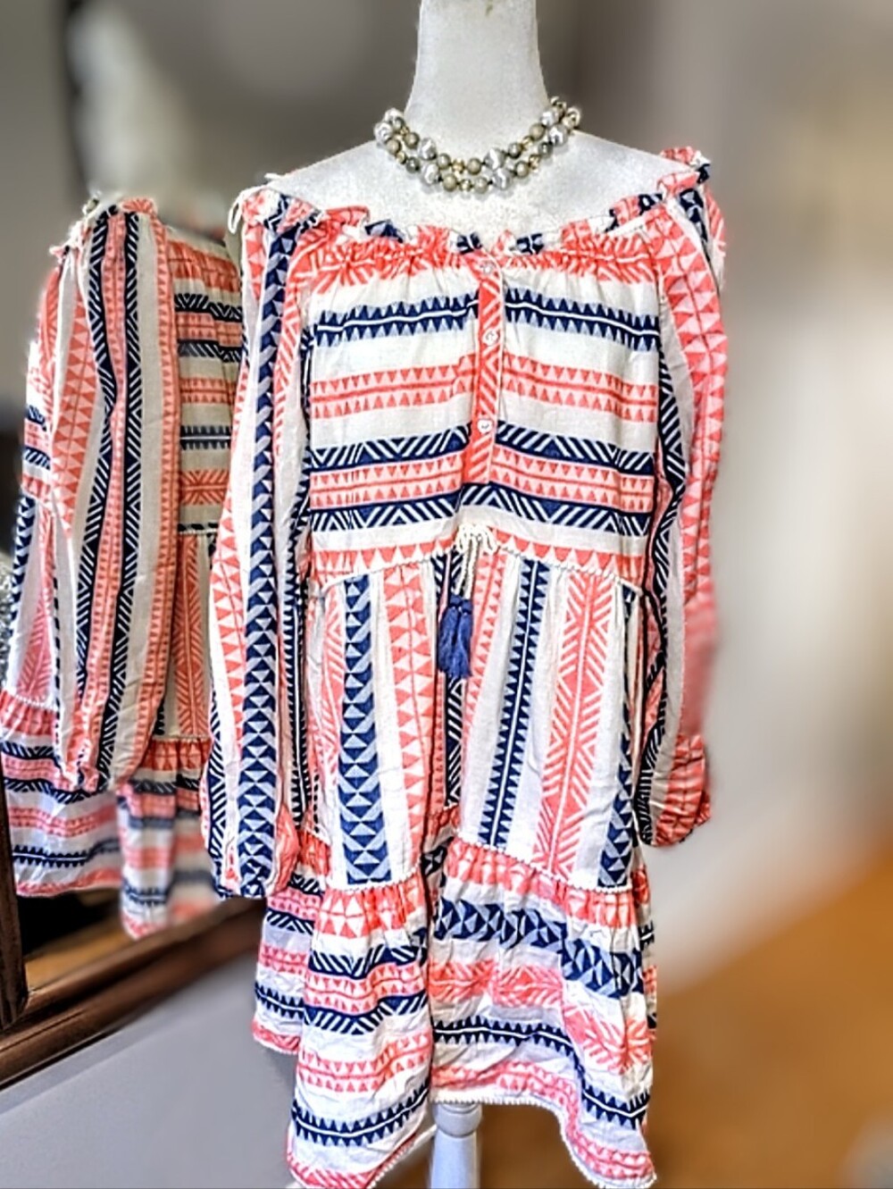 next Coral and Navy Off-Shoulder Patterned Midi Dress